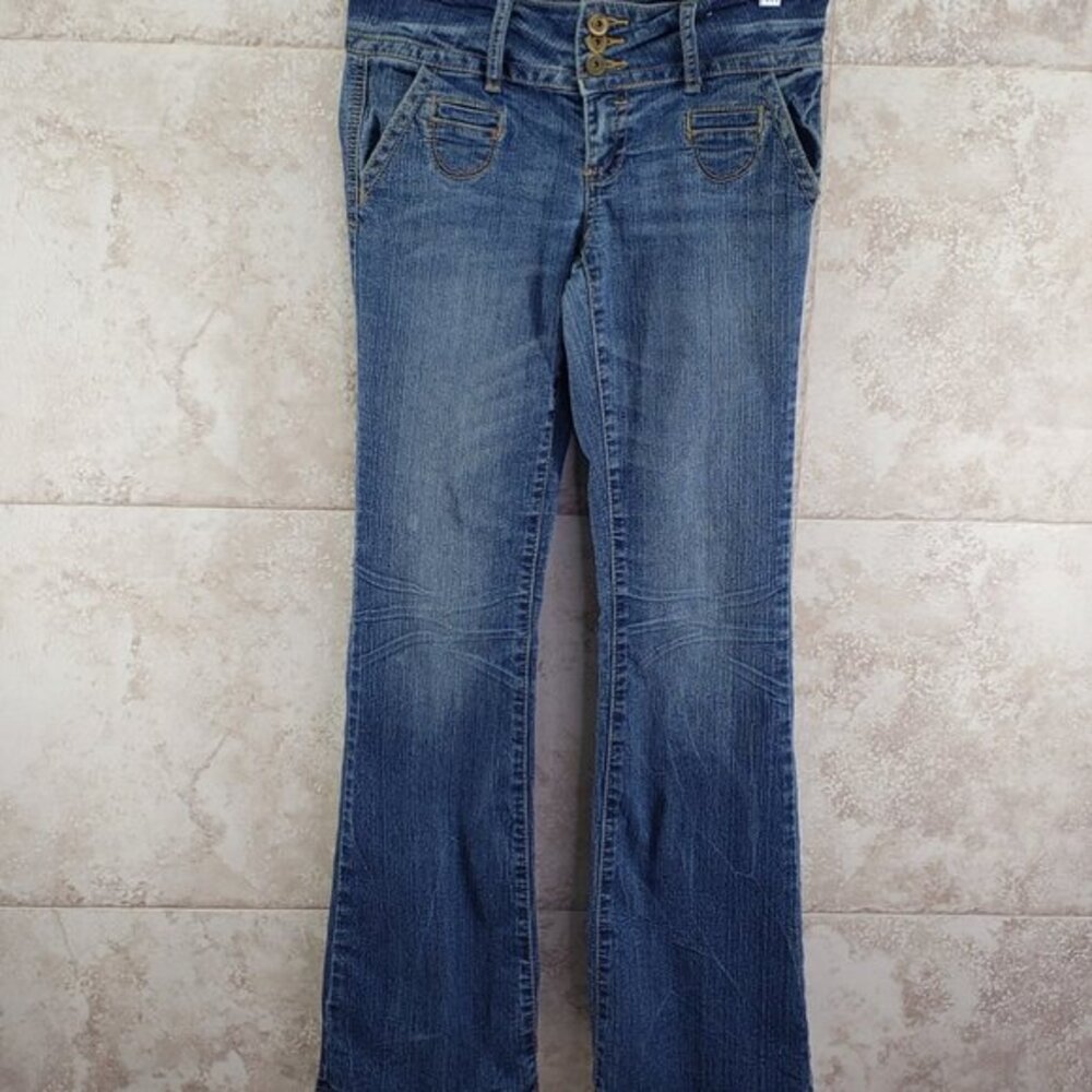 Blue Jean Boot Cut 3 Button Hip Hugger Low Rise No Boundaries Stretch Size 7